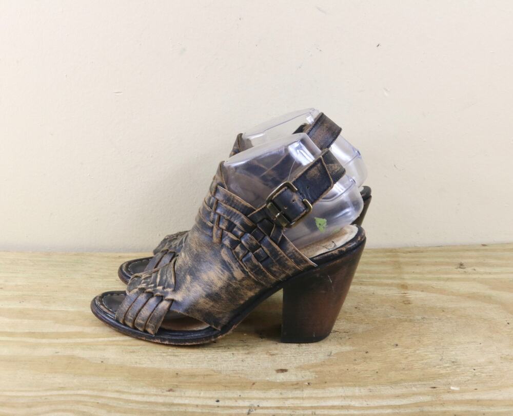Freebirds Sandals 8 Distressed Brown Leather Falcon Wooden Heel Slingback Boho